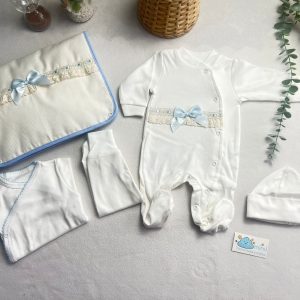 Kit 1ª Roupinha Bordado Inglês Azul (Primavera)